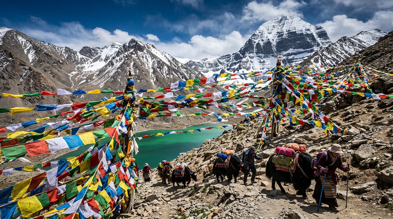 Drolma La Pass (5,630m) Prayer Flags and Emerald Gauri Kund Lake